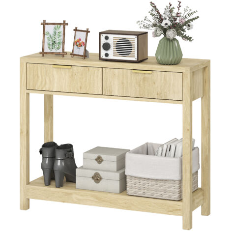 Console meuble 90 cm, table console étroite avec 2 tiroirs rainurés et étagère, style moderne, bois naturel