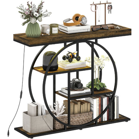 Console meuble avec éclairage LED 100 cm, table console à 4 niveaux avec étagères ouvertes, marron rustique et noir
