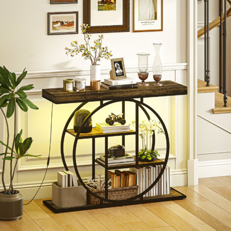 Console meuble avec éclairage LED 100 cm. table console à 4 niveaux avec étagères ouvertes. marron rustique et noir