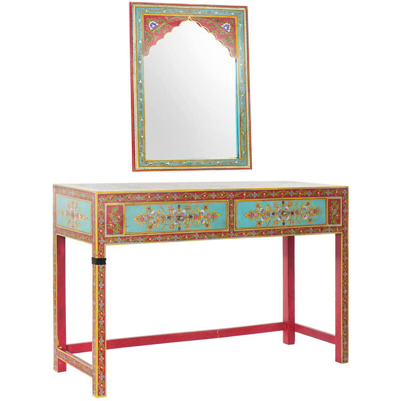 Pegane - Console Meuble console en bois de manguier et acrylique, motif assortis avec miroir