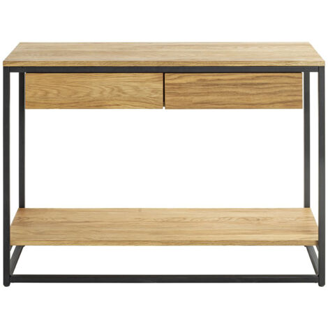 Console, meuble console en bois massif coloris chêne et métal noir -longueur  100 x profondeur  35 x hauteur  75 cm