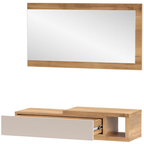 Console meuble d'entrée avec 1 tiroir et miroir coloris Beige/chêne Mauvella - Longueur 91,5 x Hauteur 70 x Profondeur 26 cm
