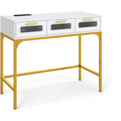 Console Meuble Éclairage LED, Console Entree avec Prise, 3 Tiroirs Transparentes, Cadre en métal, Design Moderne, pour Salon, Couloir, Blanc doré