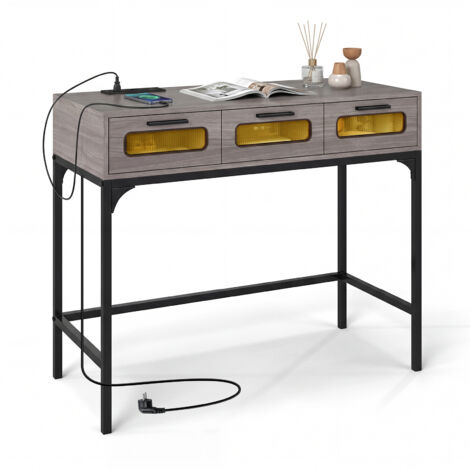 Console Meuble Éclairage LED, Console Entree avec Prise, 3 Tiroirs Transparentes, Cadre en métal, Design Moderne, pour Salon, Couloir, Noir Gris
