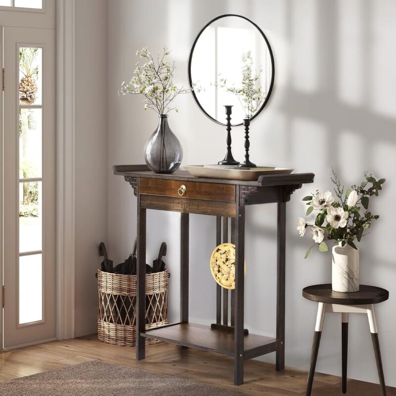 Console Meuble Entrée Bambou: Table Console Entrée Bois Vintage Couloir de Salon Meuble d'Entrée de Design Oriental pour Entrée Salon Couloir - 82 x