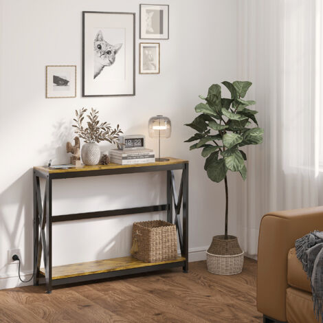 Console meuble étroite à 2 niveaux style industriel avec prises de courant et USB. 100 x 24 x 75 cm. marron
