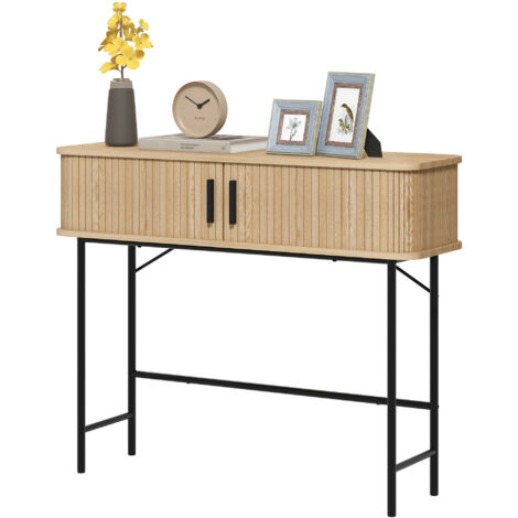Console meuble, table console avec portes coulissantes à lattes et pieds en acier, pour salon, chêne et noir