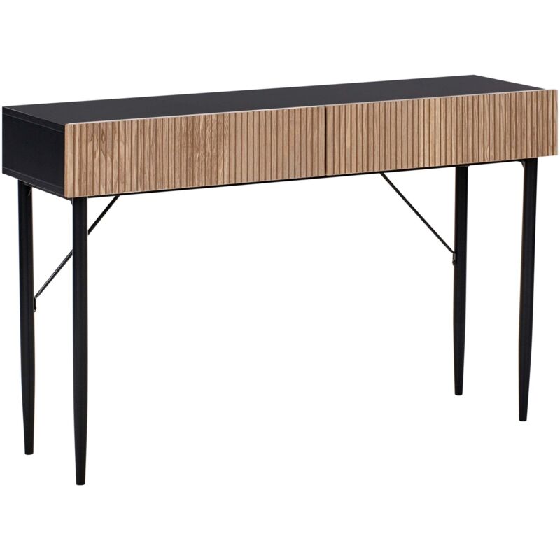 Console Moderne à 2 Tiroirs Couloir Chambre Placage Bois de Frêne Façade Cannelée MDF Noir Blythe