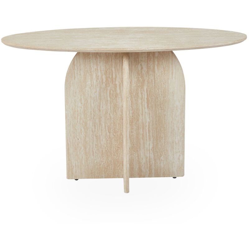 Console moderne ovale 120 cm – Effet travertin beige – Plateau en bois M.D.F – Hauteur 75 cm pour décoration intérieure