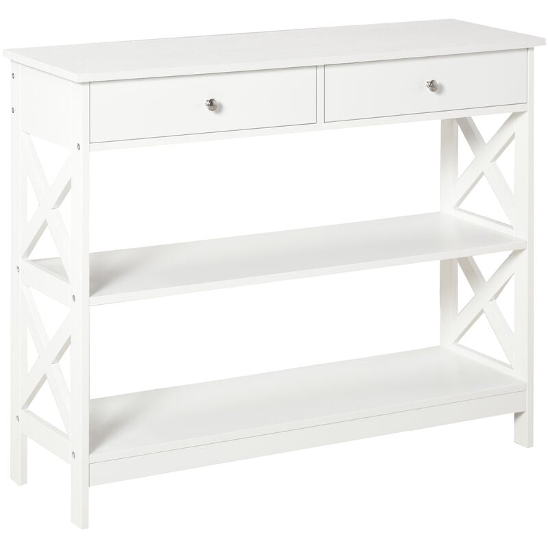 Homcom - Console style table de drapier néo-rétro 2 tiroirs 2 étagères dim. 100L x 30l x 80H cm mdf blanc