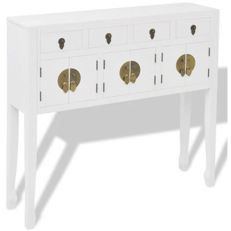 Console orientale 4 tiroirs 3 portes bois massif blanc Meva