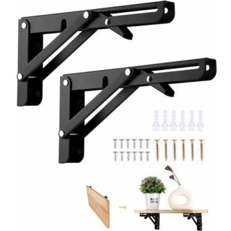 Console pour étagère Équerre Pliante300mm, 2 Pièces Noir Support Console Pliable, Supports D' étagères Pliants Charge, Lourds Support Console Pliable Rétractable, Equerre Etagere, Pour Garage