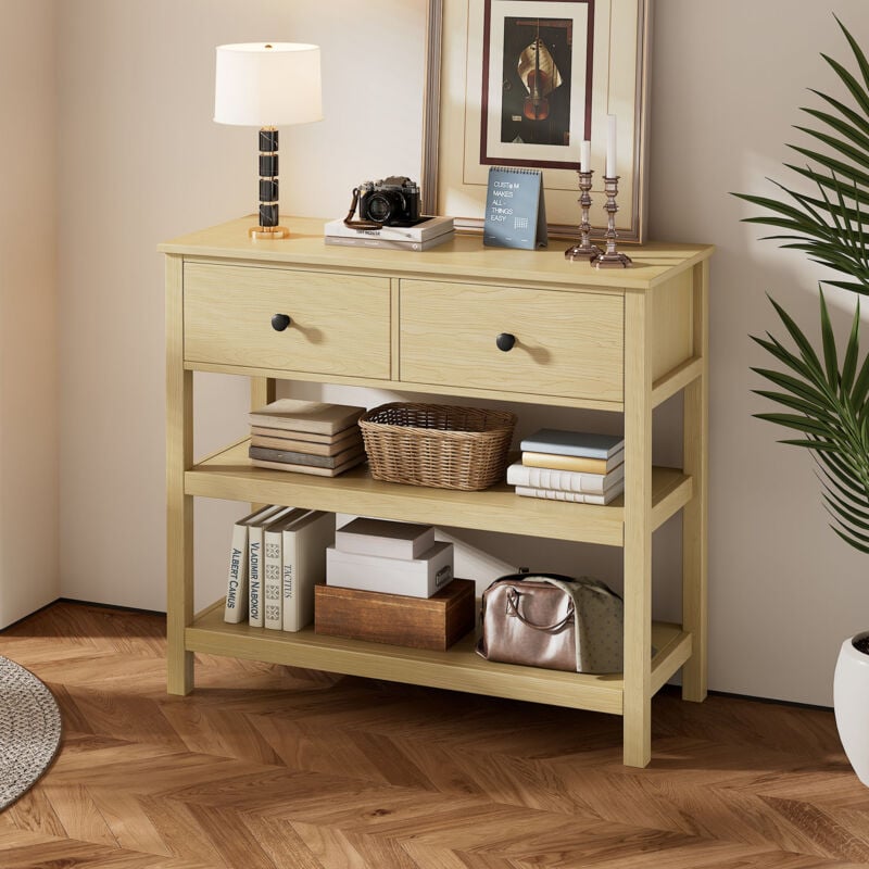 Redom - Console rétro, console étroite en bois, console avec tiroirs et étagères ouvertes pour couloir, entrée et salon, naturel