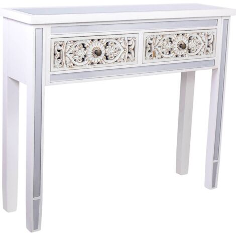 console romantique blanche en bois et verre avec deux tiroirs sculptés - blanc patiné détails bois clair
