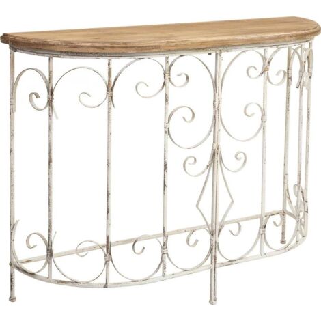 Console romantique en bois et métal finition antique blanche - blanc patiné et bois naturel