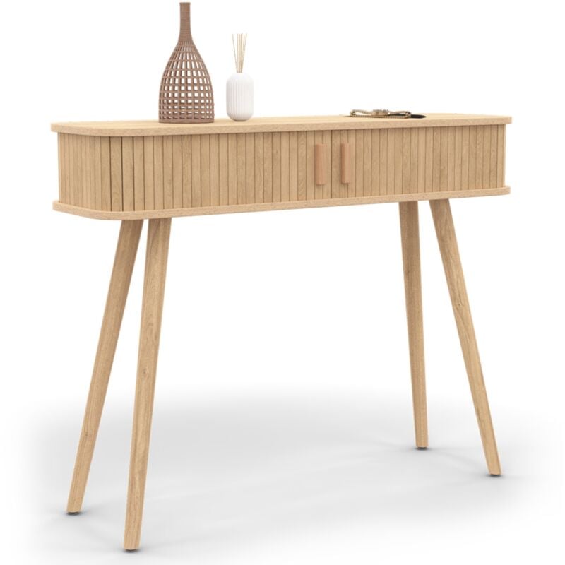 Console 2 portes coulissantes romie lattes tasseau bois coloris chêne