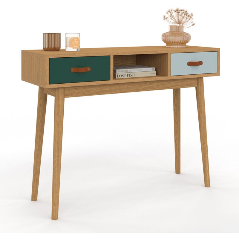 Console scandinave 2 tiroirs alize bois et vert