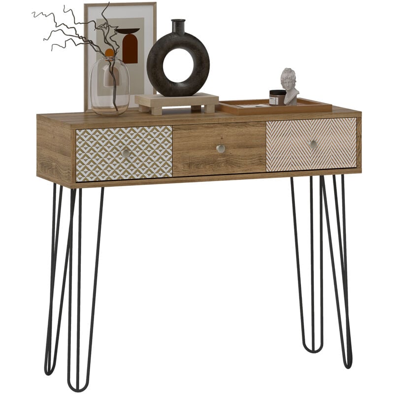 Homcom - Console style néo-rétro 3 tiroirs graphiques piètement épingle acier noir effet bois