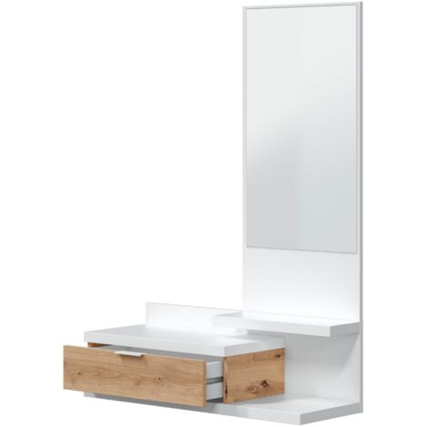 Console suspendue avec miroir 70 cm et tiroir L81 cm – Mélamine blanc Artik et chêne Nodi – Fixations murales incluses – Vmo Home