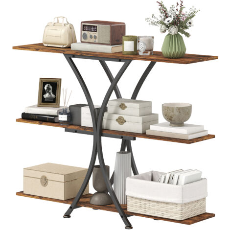 Console/table d'appoint avec 2 étagères ouvertes et structure métallique en forme de X, style industriel, marron rustique