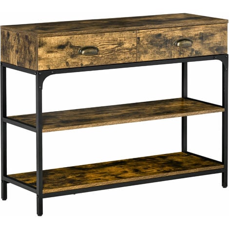 Console table d'appoint design industriel 2 tiroirs 2 étagères métal noir panneaux particules aspect bois vieilli - Marron