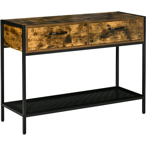 Console table d'appoint design industriel 2 tiroirs étagère métal noir panneaux particules aspect bois vieilli - Marron