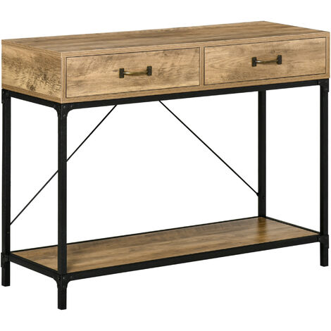 Console table d'appoint design industriel dim. 100L x 35l x 76H cm 2 tiroirs poignées laiton vieilli étagère métal noir aspect bois veinage - Marron