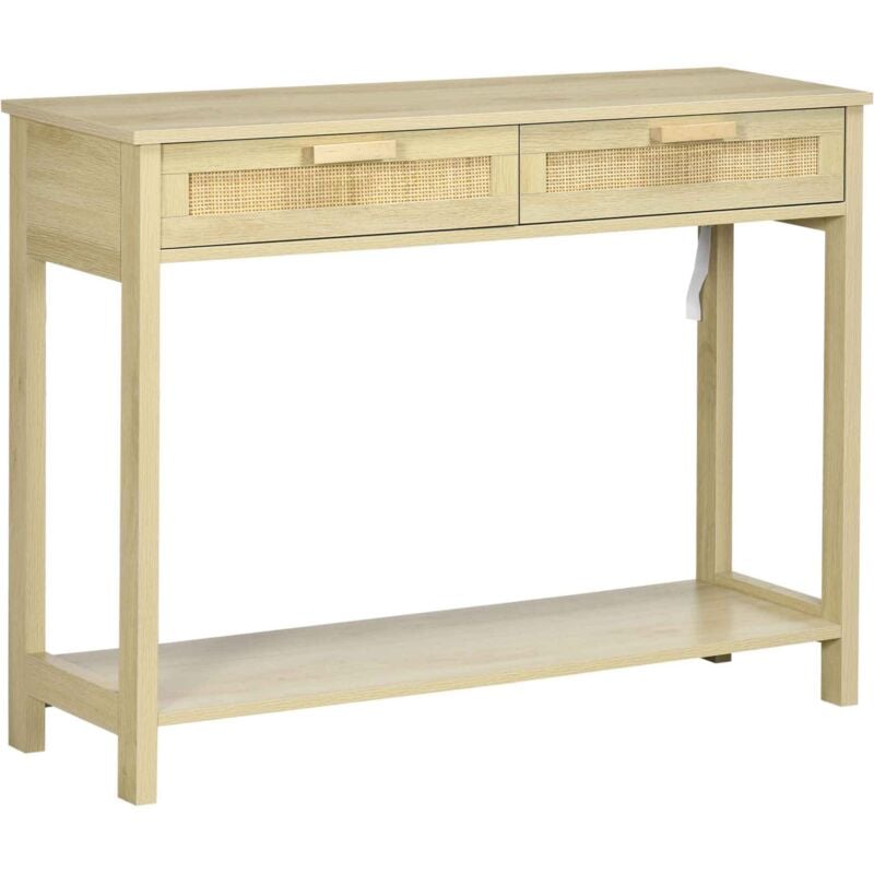 Homcom - Console table d'appoint dim. 100L x 30l x 76H cm 2 tiroirs façades cannage en rotin étagère mdf aspect bois clair