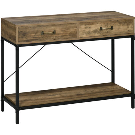 Console table d’entrée 2 tiroirs étagère 100x35x76,5 cm style vintage marron noir meuble couloir rangement salon moderne