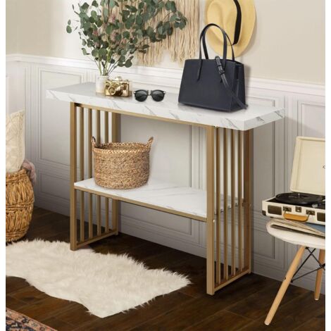 Console, table d'entrée à 2 niveaux, table d'appoint aspect marbre, structure en métal, pour salon, entrée, couloir, doré, 120 x 30 x 93 cm (blanc + noir)