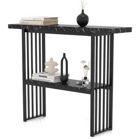 Console, table d'entrée à 2 niveaux, table d'appoint aspect marbre, structure en métal, pour salon, entrée, couloir, doré, 120 x 30 x 93 cm (blanc + noir)