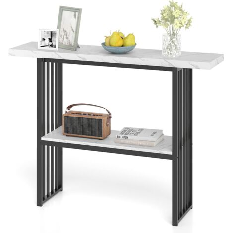 Console, table d'entrée à 2 niveaux, table d'appoint aspect marbre, structure en métal, pour salon, entrée, couloir, doré, 120 x 30 x 93 cm (blanc + noir)