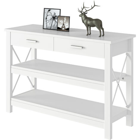 Console, table d'entrée, guéridon avec 2 tiroirs et étagères inférieures, structure en métal, 105 x 40 x 76 cm, blanc