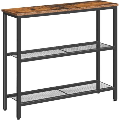 Console Table for Hallway Slim, Narrow Console Table, Hallway Table with 3 Shelves, Slim Sofa Table for Small Spaces, Living Room, Metal Mesh Frame, Rustic Brown and Black EBF73XG01, HOOBRO