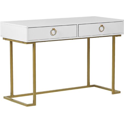 Console Table Home Office Desk WESTPORT White/ Gold 115 cm 50 cm with Storage