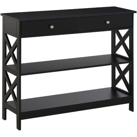 Console Table Side Desk w/ Shelves Drawers Open Top X Support Frame Living Room Hallway Home Office Furniture Black