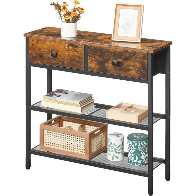 Console Table, Slim Console Table With 2 Non-Woven Drawers, Hallway Table With Storage, Slim Sofa Table For Small Spaces, Living Room, Rustic Hoobro