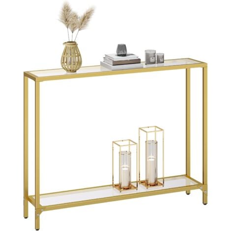 Console Table, Tempered Glass Sofa Table, Slim Hallway Table with 2 Shelves, Narrow Entryway Table, 100 x 22 x 80 cm, Modern Display Table for Living Room, Metal Frame, HOOBRO EBK04XG01