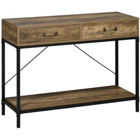 Console vintage marron/noir avec 2 tiroirs-Étagère inférieure-Pour entrée et salon-100x35x76,5cm