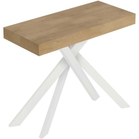 Consolle Allungabile 90-300x40x77 cm Saki Premium Quercia Natura Gambe Bianche