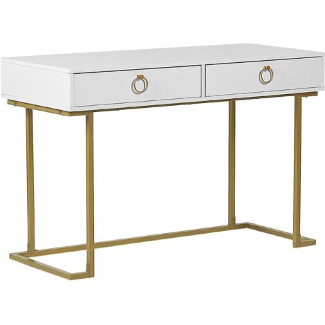 Consolle Bianca 2 Cassetti con Maniglie ad Anello Base in Metallo Oro Westport