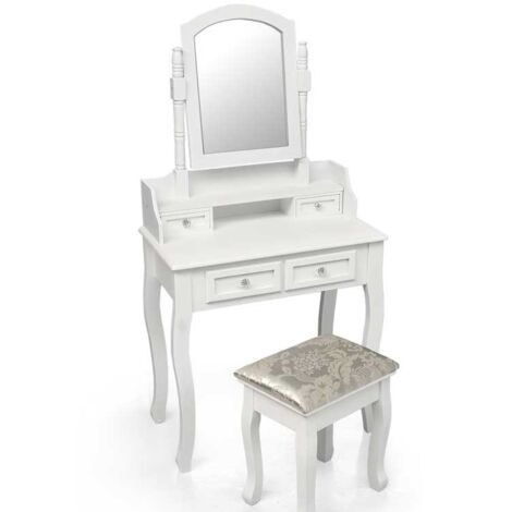 CONSOLLE PER MAKE UP CON SGABELLO E SPECCHIO QUADRATO 70X40X130CM COLORE BIANCO