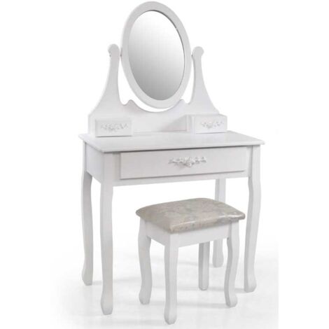 CONSOLLE PER MAKE UP CON SGABELLO E SPECCHIO TONDO 70X40X132CM COLORE BIANCO