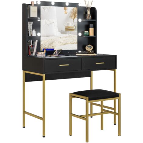 Consolle Trucco 2 Cassetti 6 Ripiani e Specchio 90x45x132,5 cm in Legno e Acciaio Nero