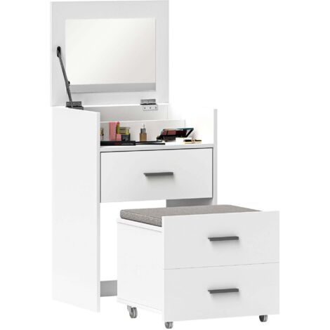 Consolle Trucco 50x40x113,5 cm con Specchio Ribaltabile 2 Cassetti e Sgabello a Scomparsa in Legno Bianco