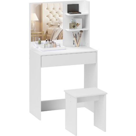 Consolle Trucco 75x40x137 cm con Sgabello e Ripiani a Giorno Bianco