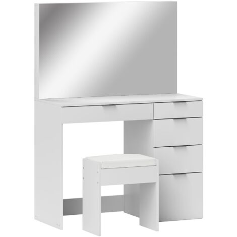 Consolle Trucco con Specchio 5 Cassetti e Sgabello 97,2x44,5x136,5 cm Bianco