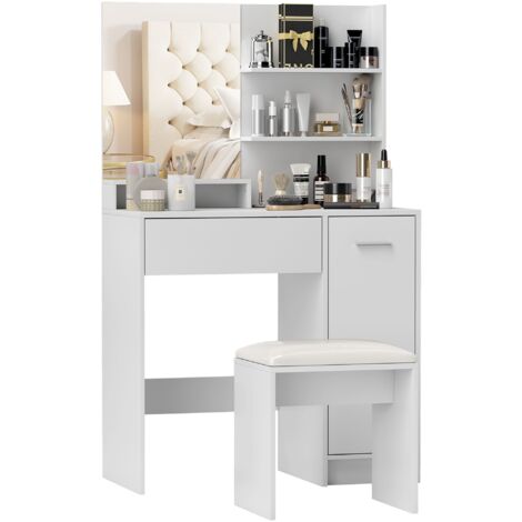 Consolle Trucco con Specchio e Sgabello 80x40x132 cm Bianco