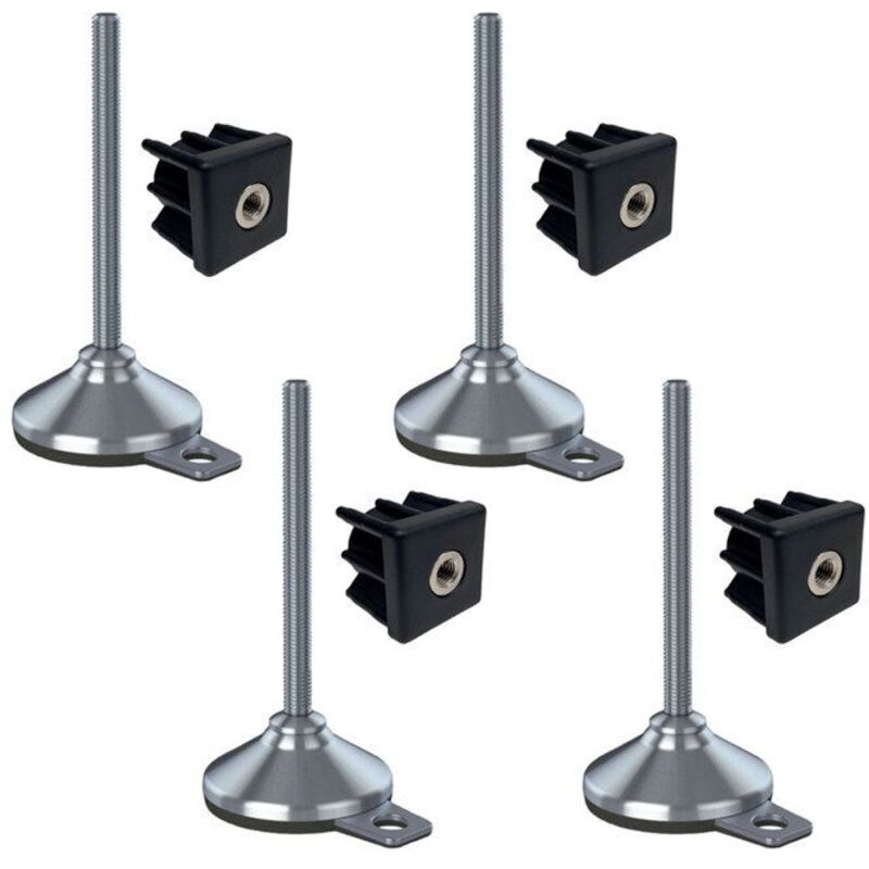 construction site equipment stainless foot 12x150x80mm, rubber pad hole and fixing inserts + 30x30x1.5mm -Set of 4