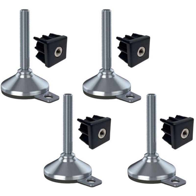 construction site equipment stainless foot 16x100x80mm, rubber pad hole and fixing inserts + 40x40x1.5mm -Set of 4